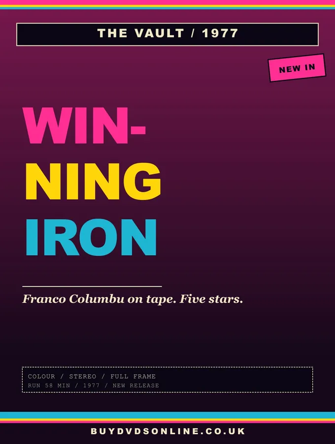 VHS box art of a 1970s bodybuilder holding a barbell